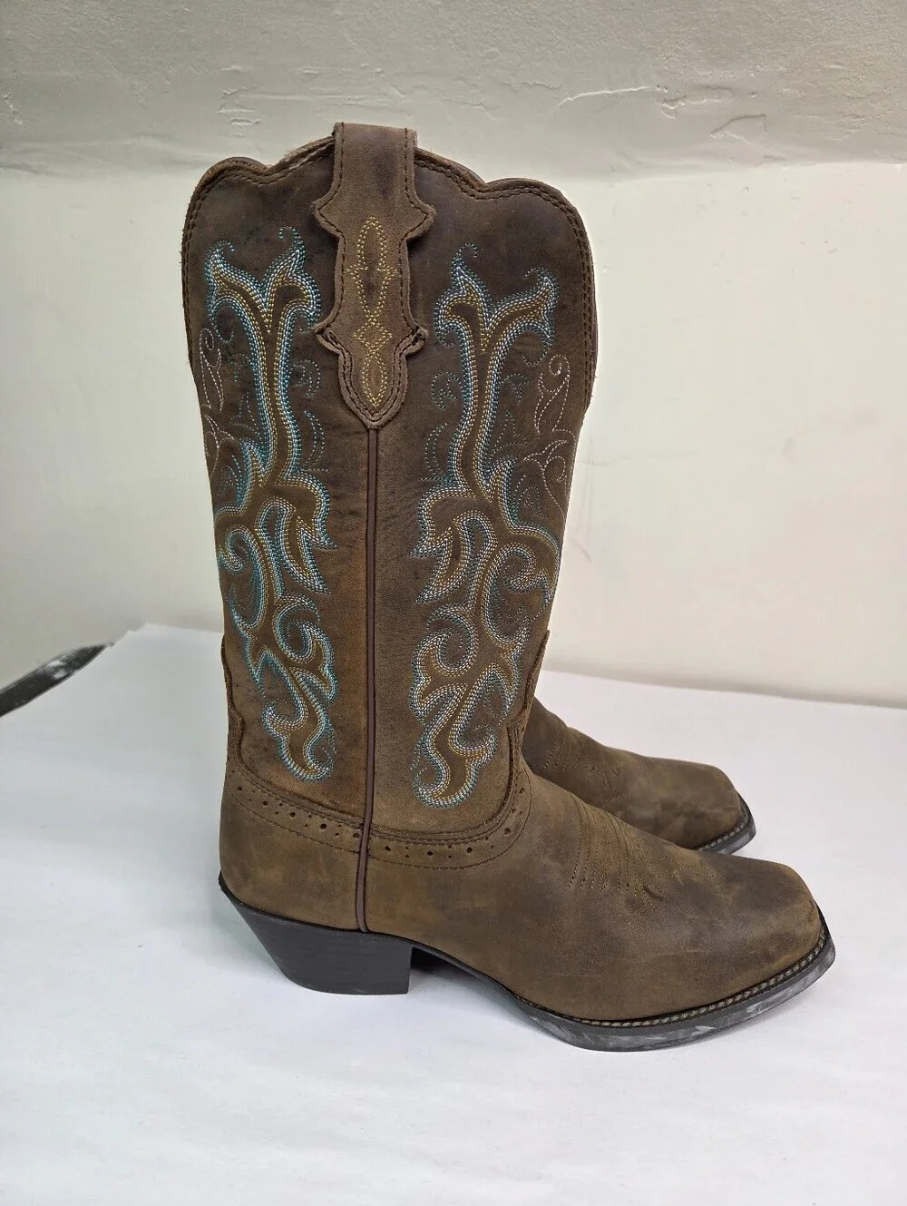 Justin Boots Brown Leather Western Cowboy Boots Embroidered Square Toe  8.5B